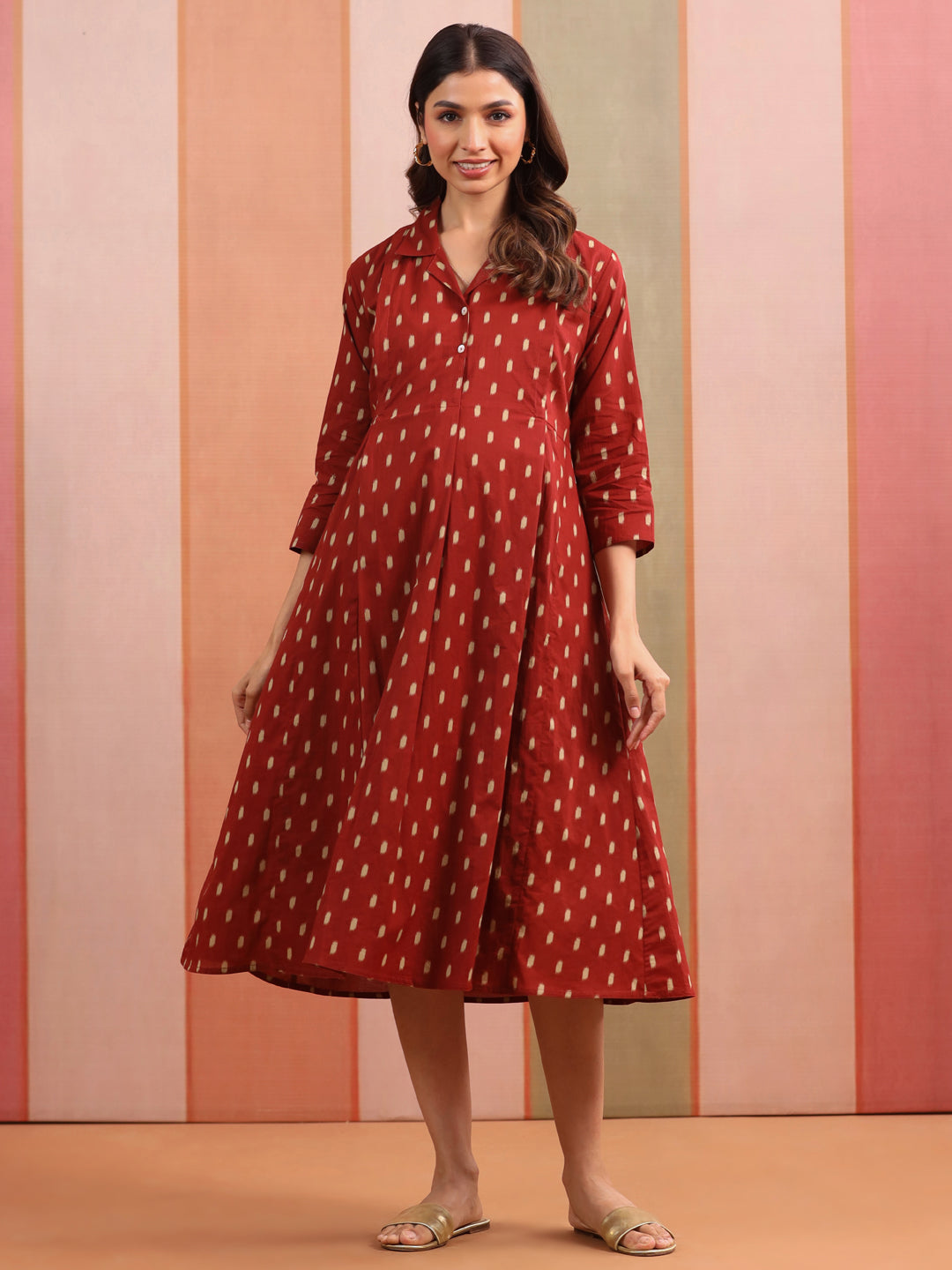 Maroon Loom Print Cotton Maternity - Nursing Dress
