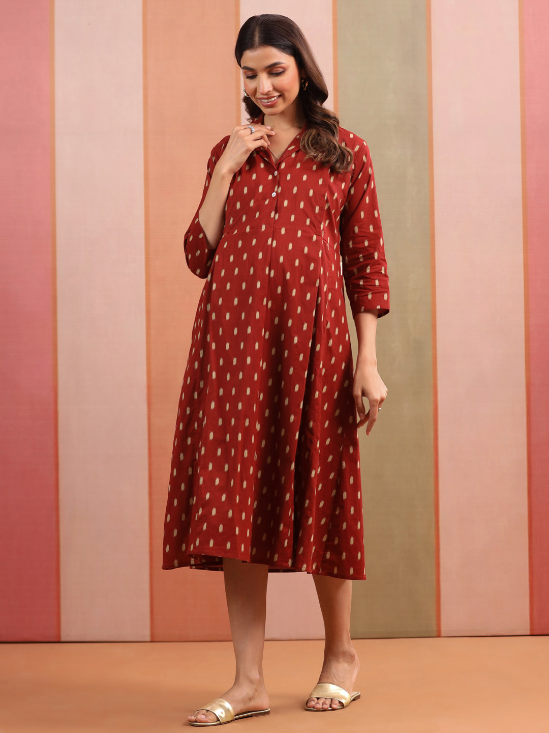 Maroon Loom Print Cotton Maternity - Nursing Dress