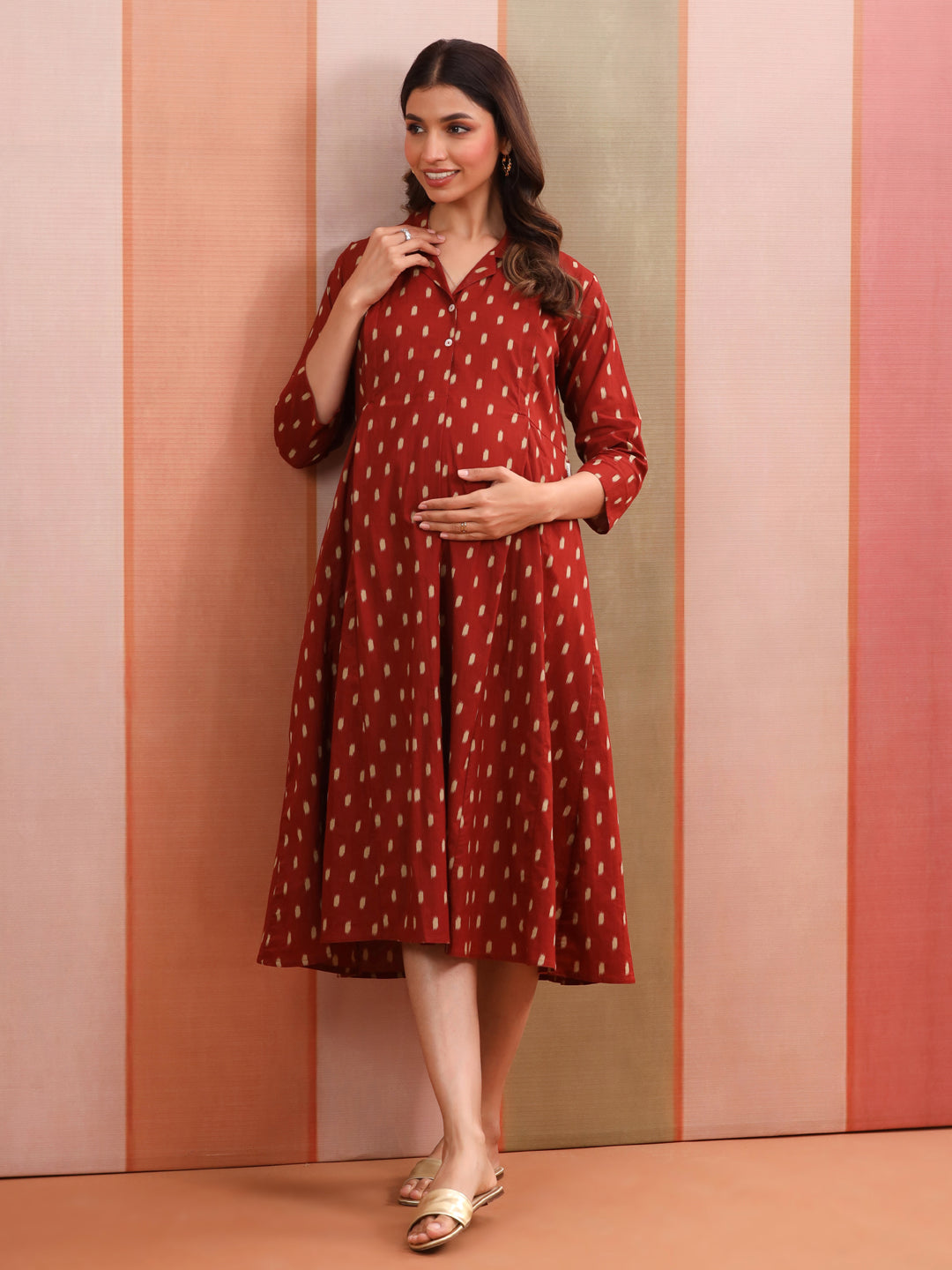 Maroon Loom Print Cotton Maternity - Nursing Dress