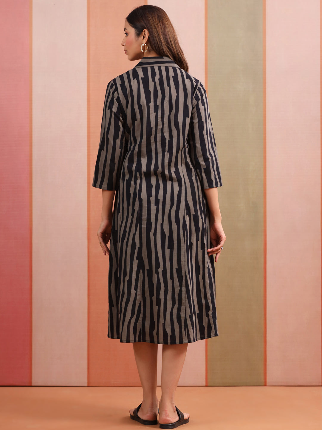 Black Grey Abstract Stripe Cotton Maternity - Nursing Dress
