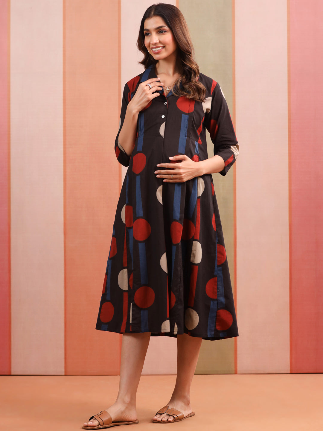 Black Geometric Ajrakh Cotton Maternity - Nursing Dress