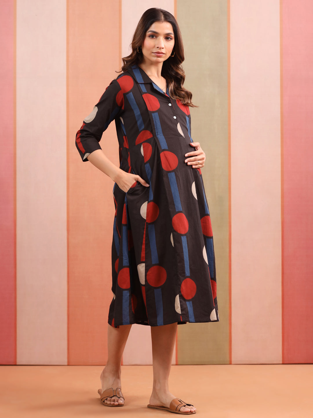 Black Geometric Ajrakh Cotton Maternity - Nursing Dress
