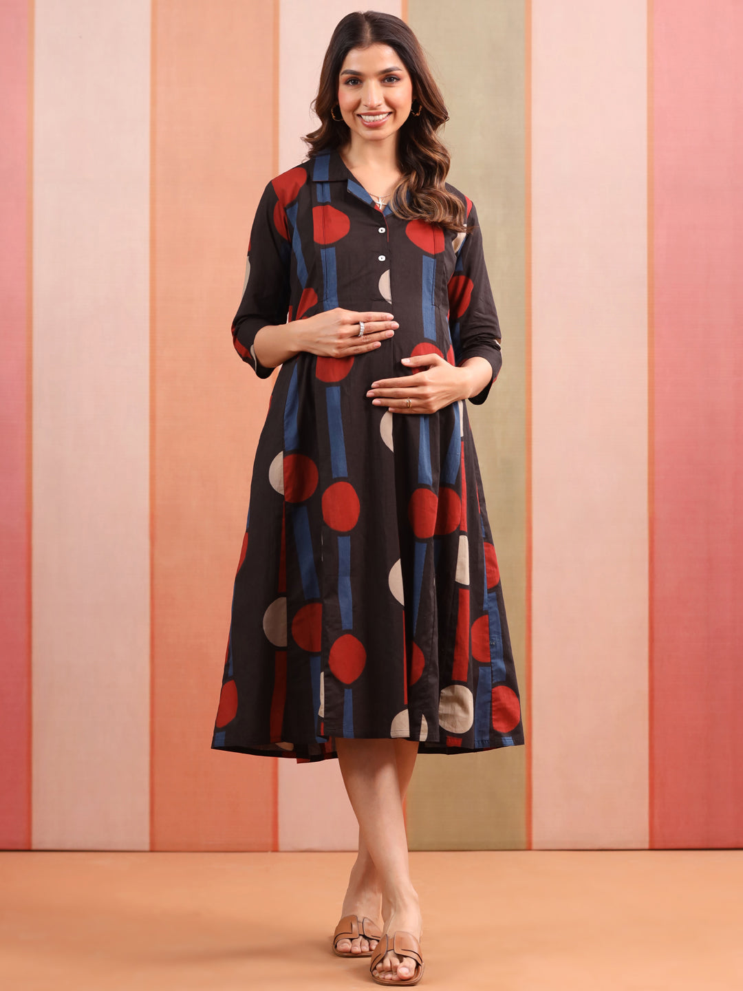 Black Geometric Ajrakh Cotton Maternity - Nursing Dress